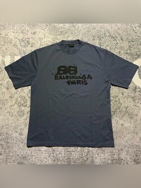 Balenciaga Men's Dark Blue Graphic Logo Short Sleeve Tee